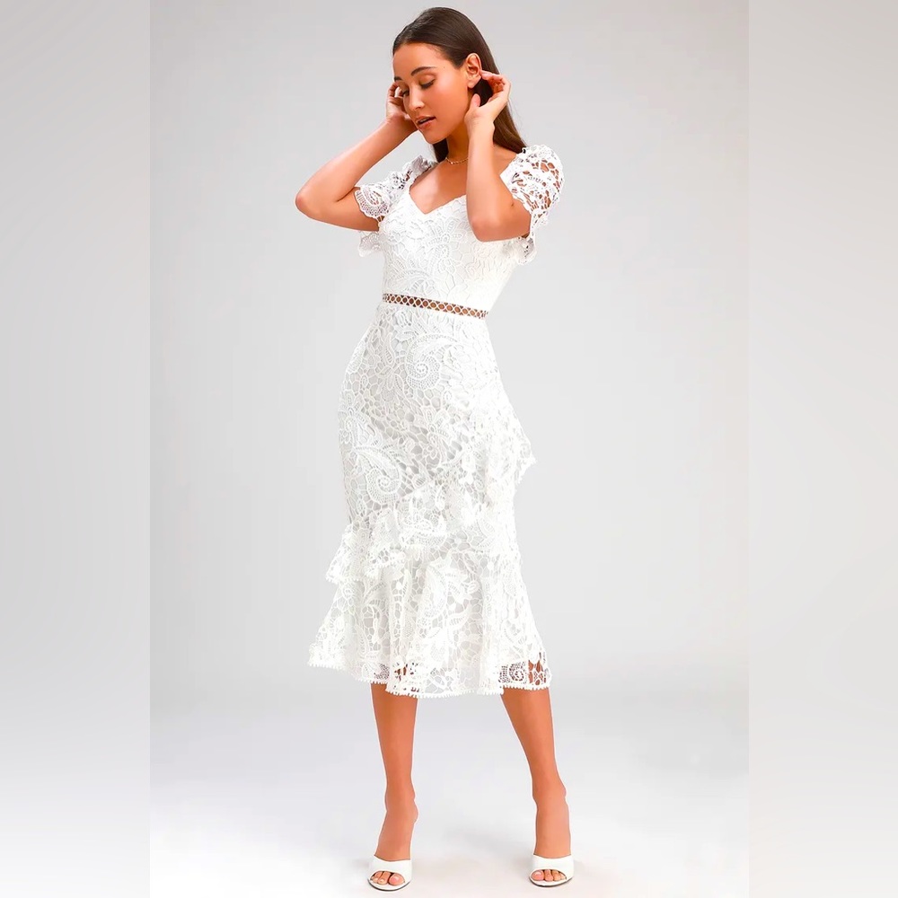 Lulu’s white lace ruffled midi cocktail dress